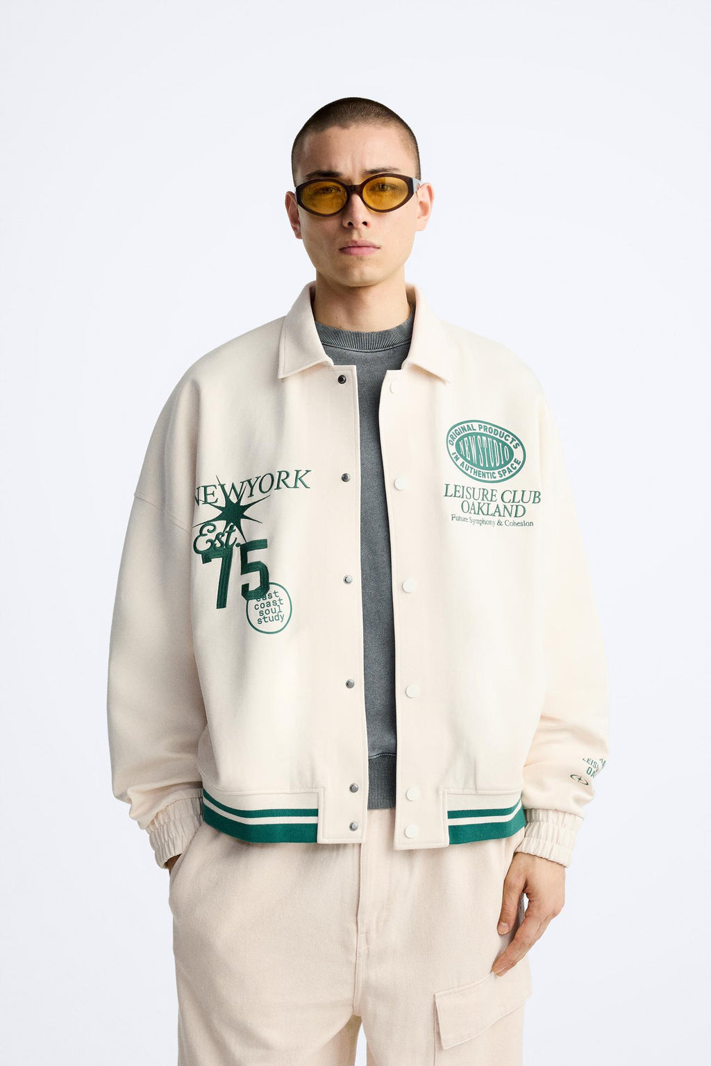 ZARA BOMBER JACKET WITH PATCHES IN BEIGE