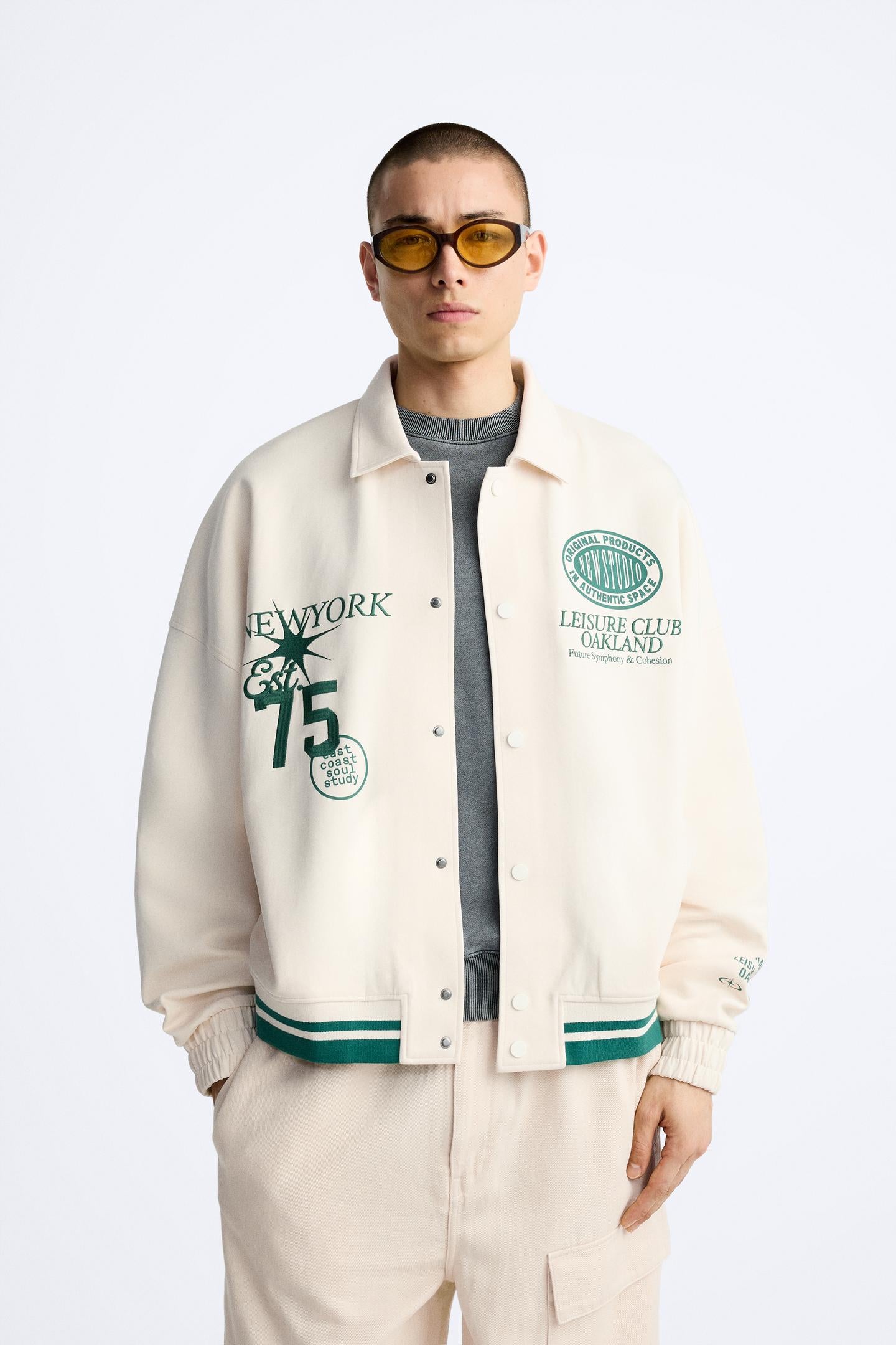 ZARA BOMBER JACKET WITH PATCHES IN BEIGE