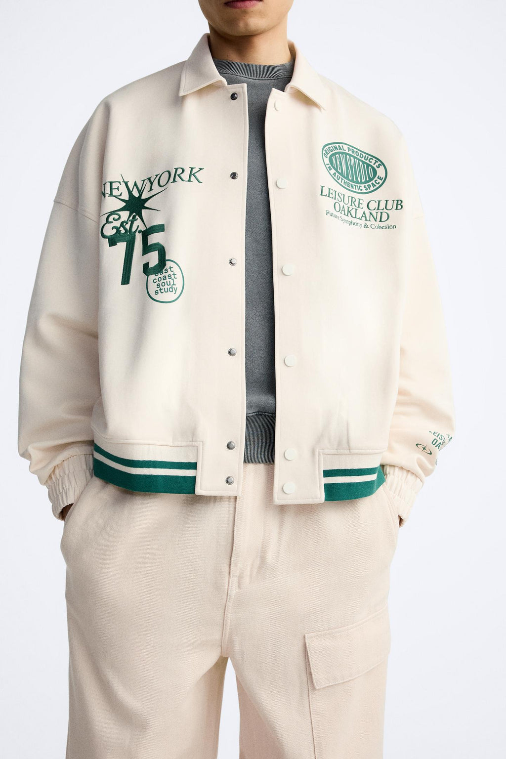 ZARA BOMBER JACKET WITH PATCHES IN BEIGE