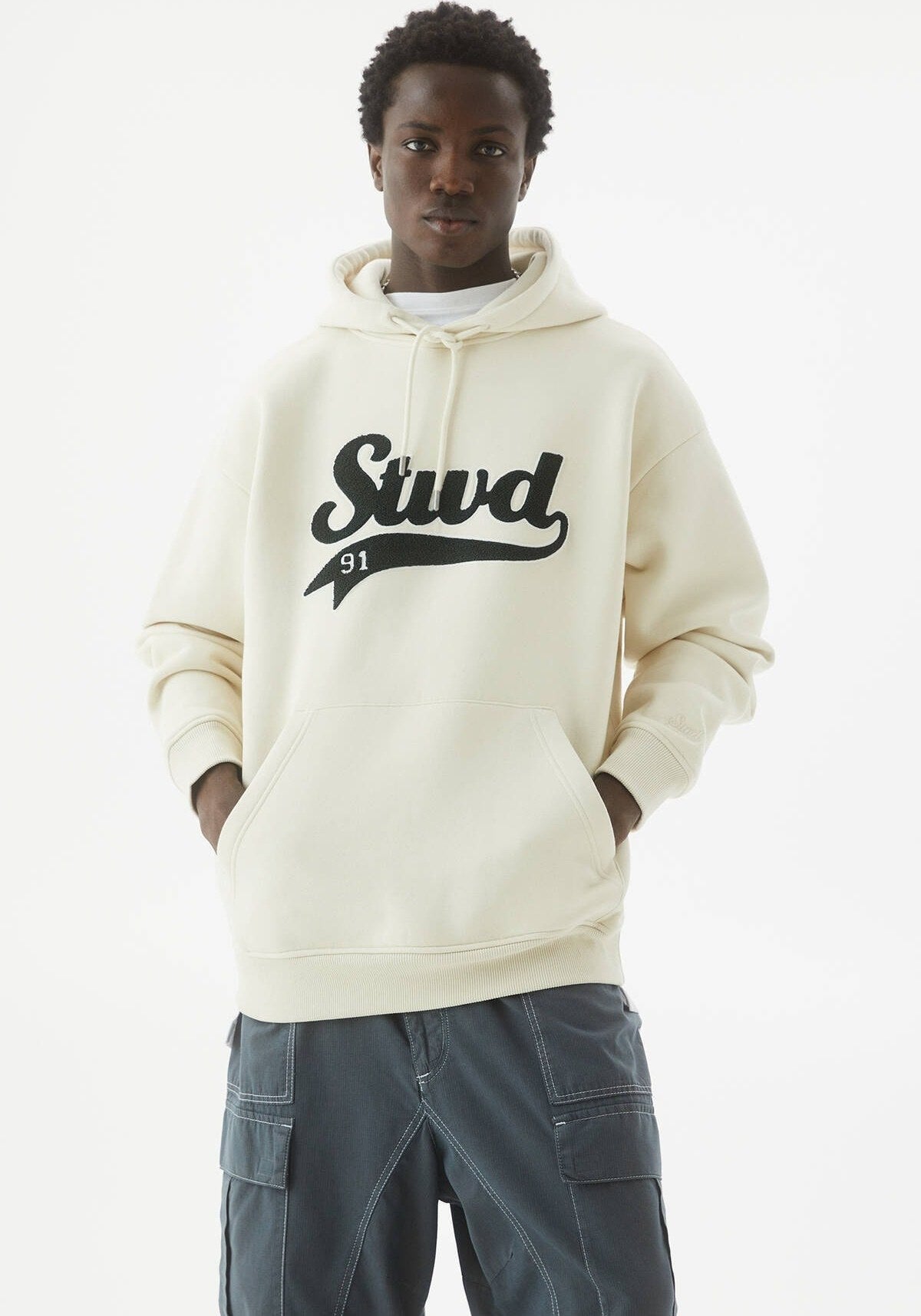 PULL&BEAR EMBROIDERED HOODIE IN BEIGE
