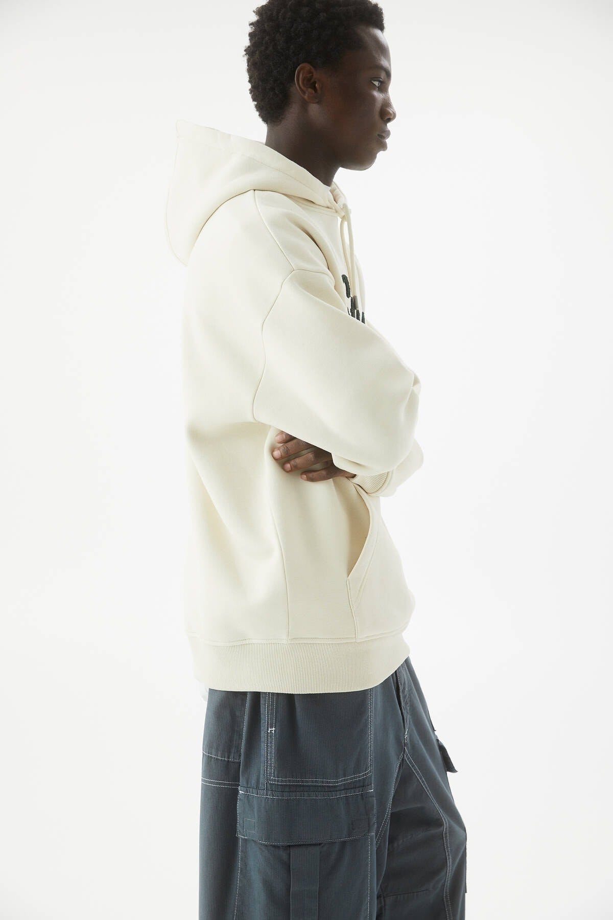 PULL&BEAR EMBROIDERED HOODIE IN BEIGE