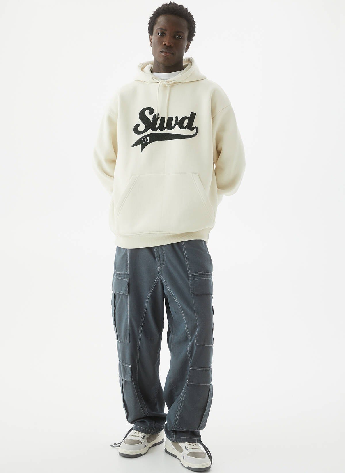 PULL&BEAR EMBROIDERED HOODIE IN BEIGE